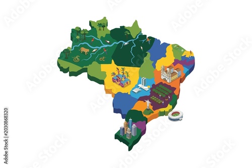 Canvastavla Colorful illustrated map of Brazil highlighting regional culture, wildlife, landmarks, agriculture, rivers, rainforest, cities, and tourism icons in an isometric style