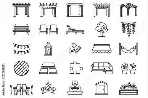 Outdoor furniture and decor icons in minimalist line art style on white background