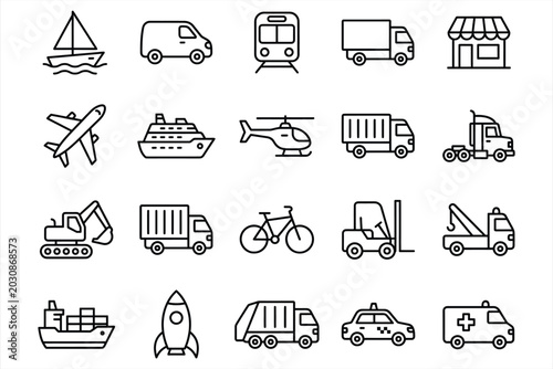 Collection of sixteen diverse transportation and industry icons in clean monochrome line art style for branding design purposes