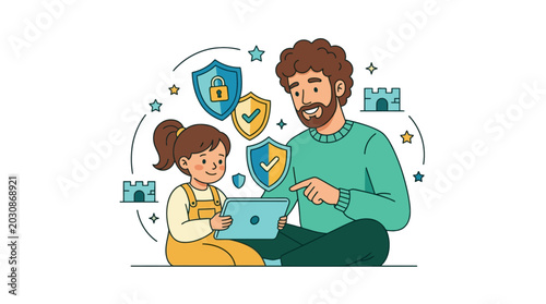 Father and daughter using a digital tablet with digital security protection icons. EPS Editable. Vector Illustrations.