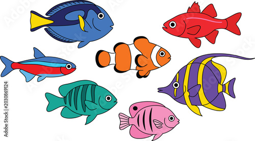 Tableau sur toile Tropical Reef Cartoon Fish Vector Set Featuring Clownfish Blue Tang Neon Tetra a