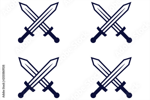 Crossed-swords iconography set in bold black line art with sharp geometric precision for corporate branding and motivational design