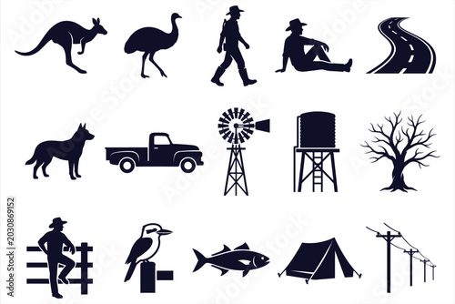AustralianOutback wildlife and rural lifestyle icons set featuring kangaroo emu truck windmill and fishing gear in black silhouette style