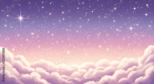 Magical Evening Sky with Glittering Stars and Fluffy Clouds