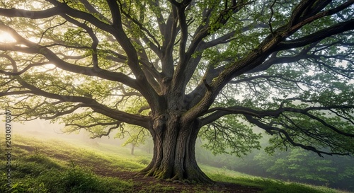 Majestic ancient oak tree with sprawling branches in misty morning sunlight, lush green forest.