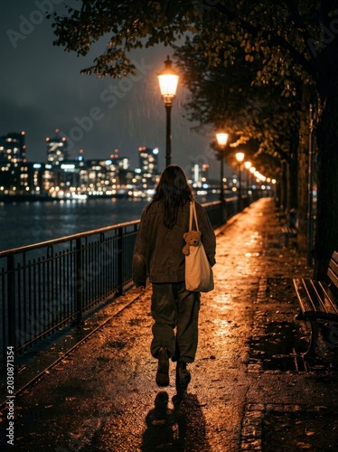 Person walking on wet riverside path, night city lights.