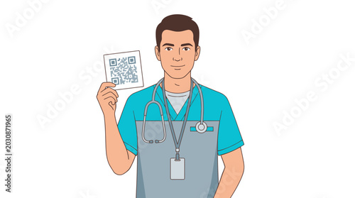 Male medical professional holding a QR code card. EPS Editable. Vector Illustrations.