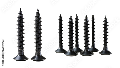 Black metal screws with sharp points and threaded shafts