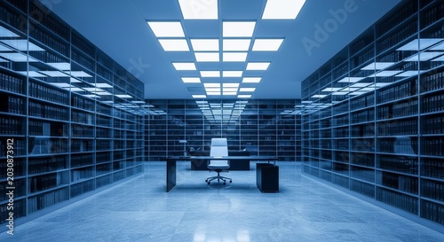 Modern Office Library with Bookshelves, Desk, and Chair, Blue Tones