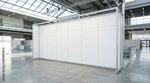 Empty exhibition hall with modern modular booths and polished concrete floor
