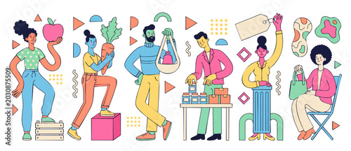 Foto People Grocery Shopping Illustration Flat Design Set, Sustainable Food Consumpti