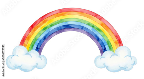 Vibrant Watercolor Rainbow Arch with Fluffy Clouds - Symbol of Hope and Joy