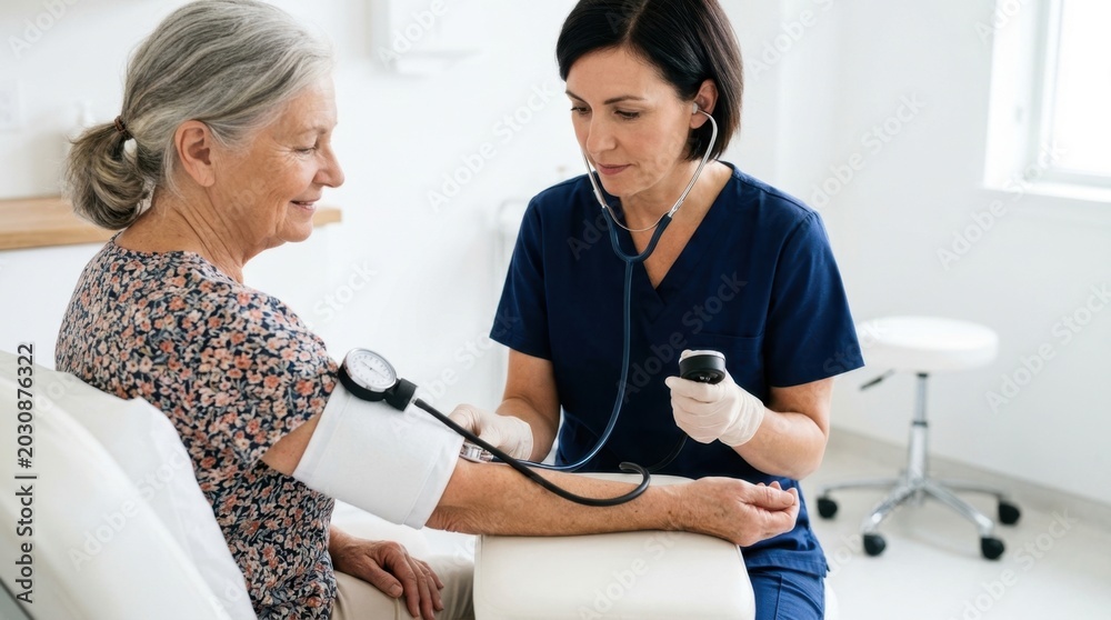 Fototapeta premium A professional caregiver measuring the blood pressure of an elderly patient using a digital monitor, highlighting regular health monitoring and medical support.