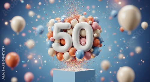 Happy 50th Birthday Celebration with Balloons and Confetti