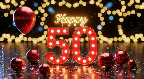 Happy 50th Birthday Celebration with Red Balloons, Ornaments, and Bokeh Lights