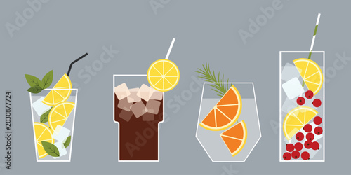 Vector illustration set of various summer cocktails including mojito iced cola orange spritz and berry drinks isolated on a grey background