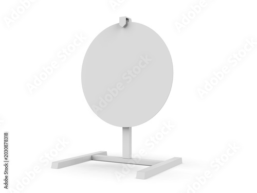 Minimal 3D illustration of a blank prize wheel mockup isolated on a clean background. Modern spinning wheel template ideal for giveaways, lucky draw events, promotional campaigns, carnival games.