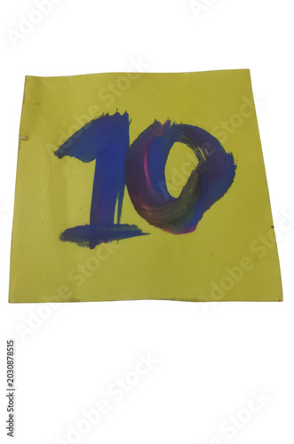 Vibrant yellow fabric with bold blue number ten