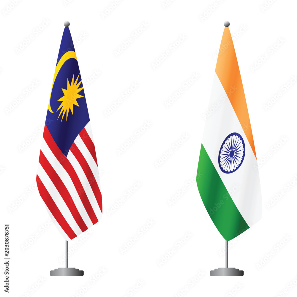 Wall Mural Malaysia and India flags on flagpoles for official ceremonies and meetings, tran