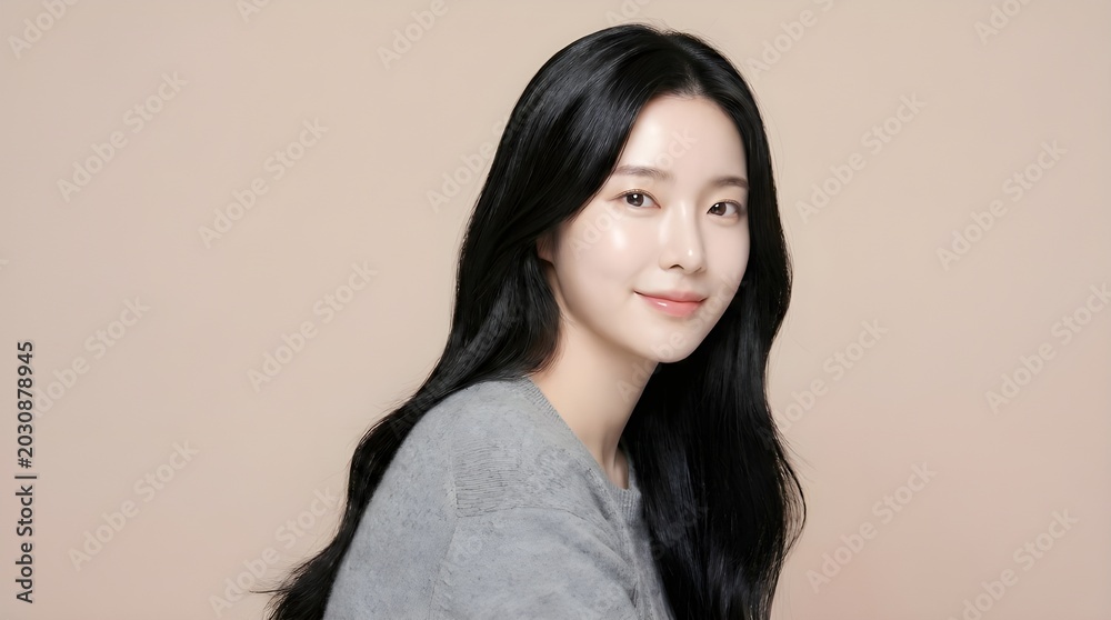 Fototapeta premium Portrait of a serene Beautiful Asian Model showcasing Wellness & Self-Care practices in a minimalist indoor setting.