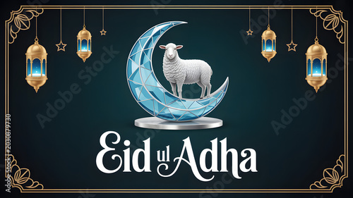 Eid ul Adha celebration with sheep on crescent moon and lanterns hanging transparent background