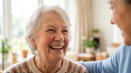 Close-up portrait of a happy elderly person engaged in a joyful conversation with a caregiver, highlighting positive emotional connection, genuine care, and supportive communication.