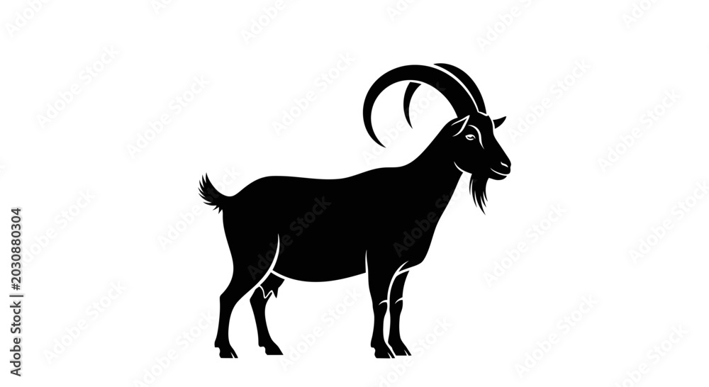 Obraz premium Black Silhouette Of A Goat With Large Curved Horns