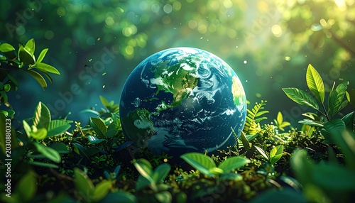 Earth Globe Surrounded by Lush Green Leaves.