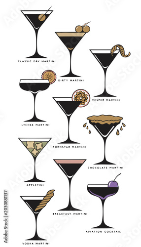 Elegant Martini Variations Portrait Flat Vector Illustration Classic Cocktail And Bar Menu Icons Set with Dry Martini Dirty Martini Vesper and Aviation Cocktail Isolated Collection for Marketing Packa