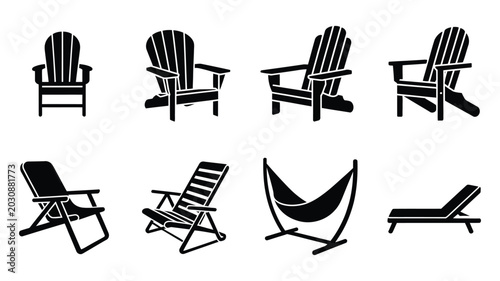 Tableau sur toile Outdoor Furniture Icon Set, deck chairs, Adirondack chairs, hammock and bench symbols, vector illustration for garden, patio and leisure outdoor design concepts