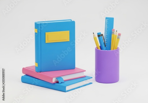 3D Rendered School Supplies Set with Colorful Books and Pencil Holder on White Background for Education Design