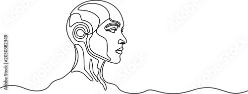 Continuous line drawing Robot head, futuristic cyborg, metallic line art, continuous one-line drawing