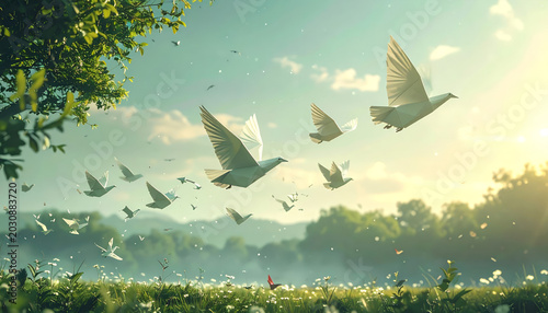 A Flock of Paper Airplanes Transforms into Real Birds in Magical Mid-Flight Nature Scene