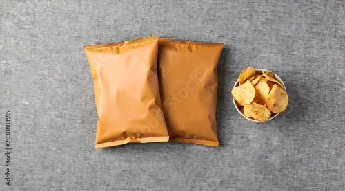 Overhead view of two sealed food packages and a bowl of chips on a gray surface.