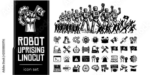 Bilde på lerret Robot Uprising Linocut Black White-March Mechanical Fist Crowd-Rebellion Vector-