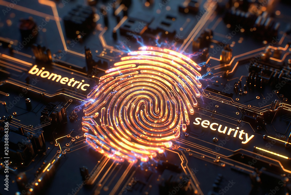 Fototapeta premium A glowing, digital fingerprint graphic is displayed on a complex circuit board representing biometric security technology.