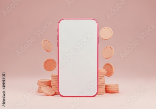 3D Render of Smartphone with Blank Screen and Floating Coins for Mobile Banking and Online Payment Concept
