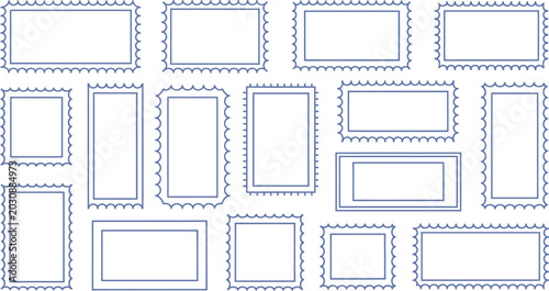 Принти на полотні Postage stamp icon set containing blue outline frames of blank serrated border t