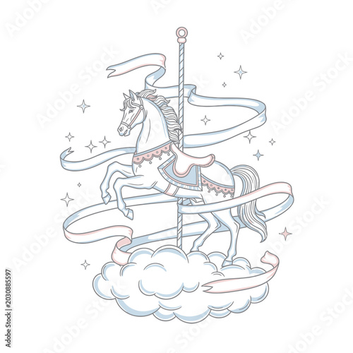Whimsical Carousel Horse Illustration with Ribbons and Clouds, Vector Art