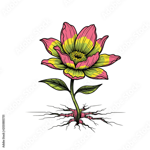 Colorful vector illustration of a blooming flower with detailed roots and vibrant petals on a white background