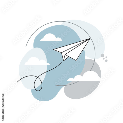 A flying paper airplane soars through cloudy skies with vector graphics.