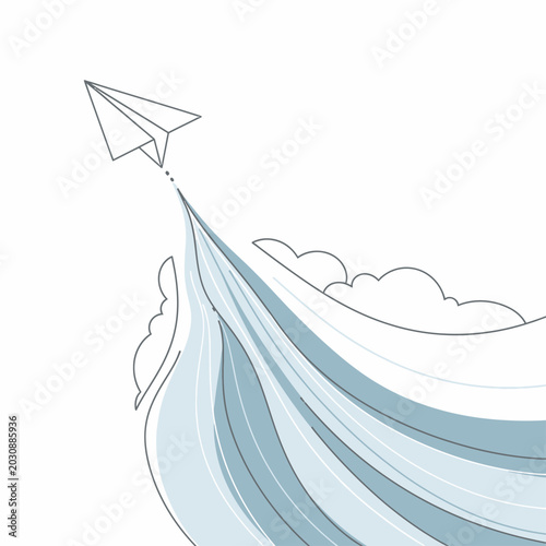 A paper airplane flies through a stylized blue wave towards fluffy clouds.