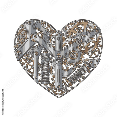 A steampunk heart shaped mechanism with intricate gears and cogs is displayed prominently.