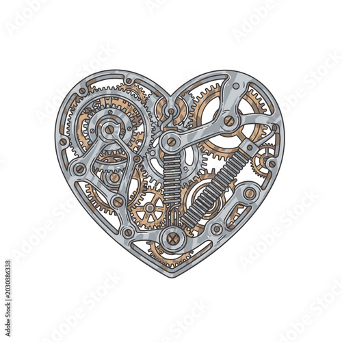 Intricate heart-shaped gear mechanism with orange accents on white