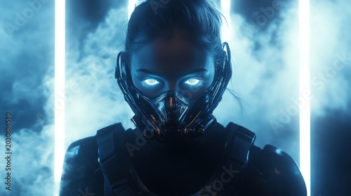 Woman with glowing eyes and futuristic mask digital art