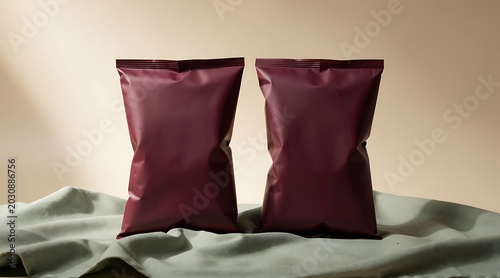 Two maroon-colored food packages on a gray cloth surface, studio shot with soft lighting.