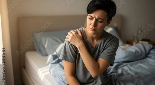 Woman suffering from shoulder pain in bed.