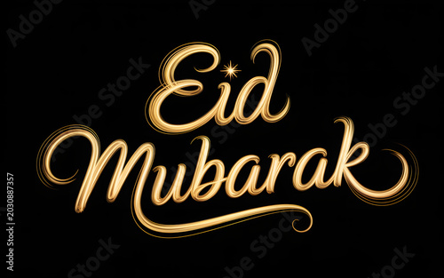 Eid Mubarak greeting card with golden calligraphy text on black background transparent background