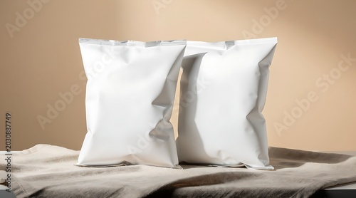 Two white blank packaging bags on a table, ready for branding and product placement.