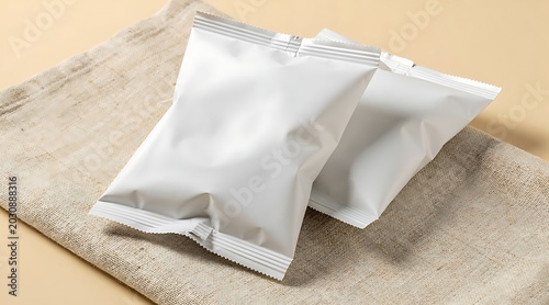 Two white sealed packets on a beige cloth, product packaging concept, studio shot.